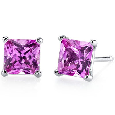 Pink Sapphire Stud Earrings 14 Kt White Gold Princess 3 Carats