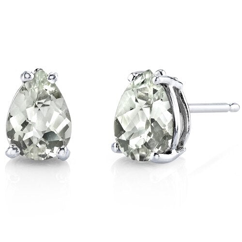 Green Amethyst Stud Earrings 14 Karat White Gold Pear Shape