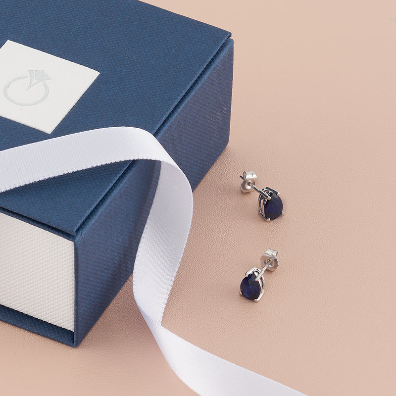Blue Sapphire Stud Earrings 14 Karat White Gold Pear Shape E18564-BOX
