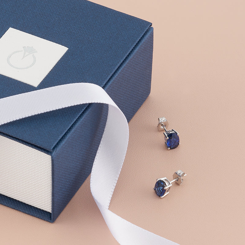 Blue Sapphire Stud Earrings 14 Karat White Gold Oval 2 Carats