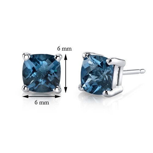 London Blue Topaz Stud Earrings 14 Karat White Gold Cushion Cut