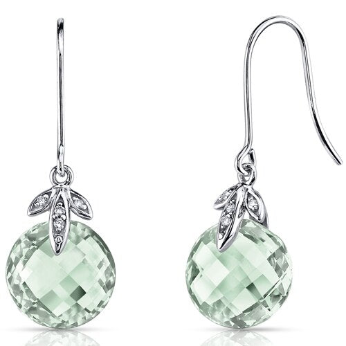 Green Amethyst Earrings 14 Kt White Gold Round Shape 6.5 Carats