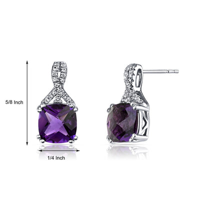 14K White Gold Amethyst Earrings Ribbon Design Cushion Cut 4.00 Carats