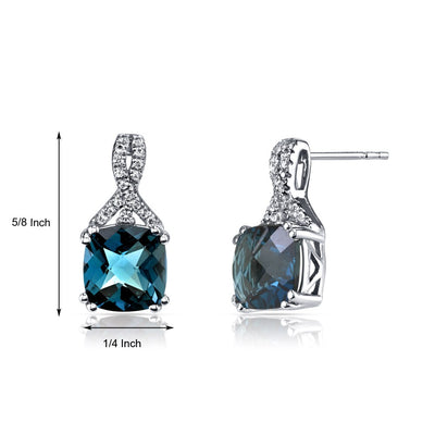 14K White Gold London Blue Topaz Earrings Ribbon Design Cushion Cut 5.00 Carats