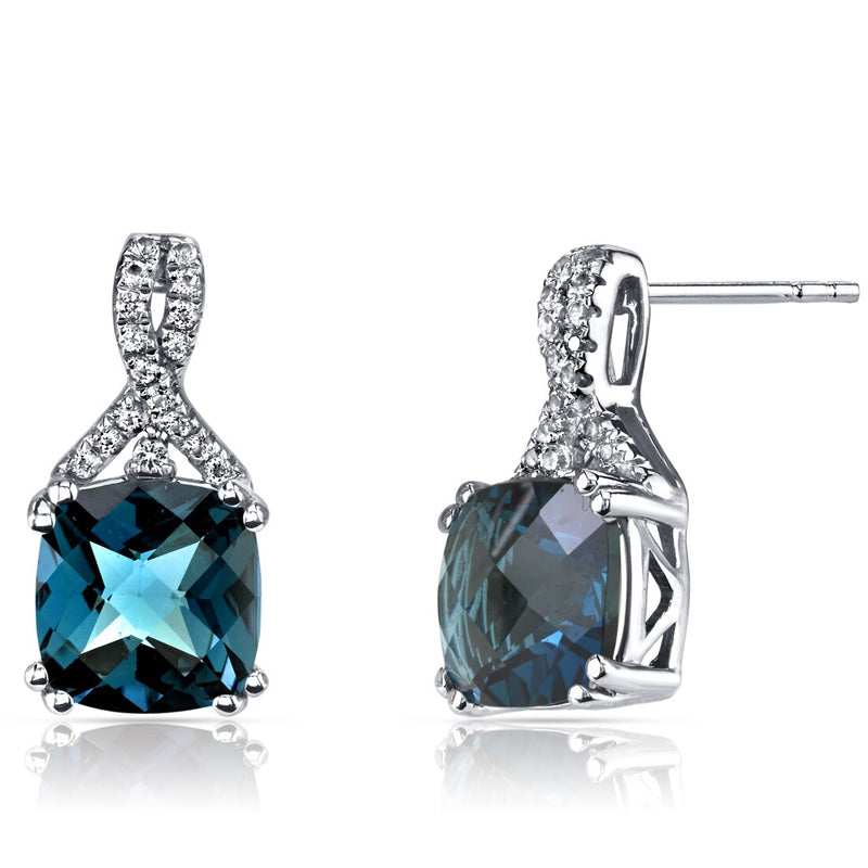 14K White Gold London Blue Topaz Earrings Ribbon Design Cushion Cut 5.00 Carats