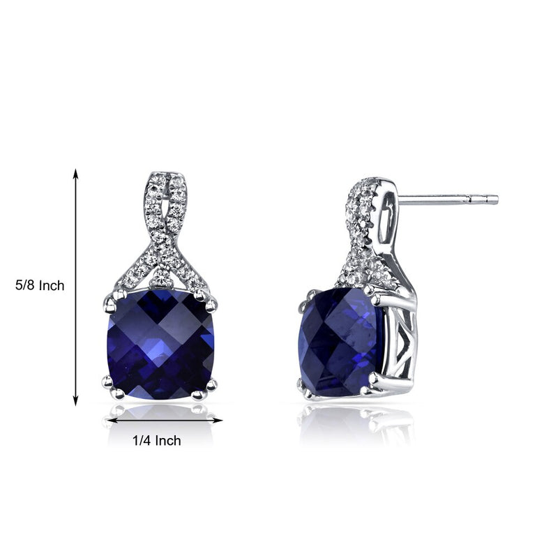 14K White Gold Created Blue Sapphire Earrings Ribbon Design Cushion Cut 6.00 Carats