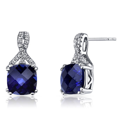 14K White Gold Created Blue Sapphire Earrings Ribbon Design Cushion Cut 6.00 Carats