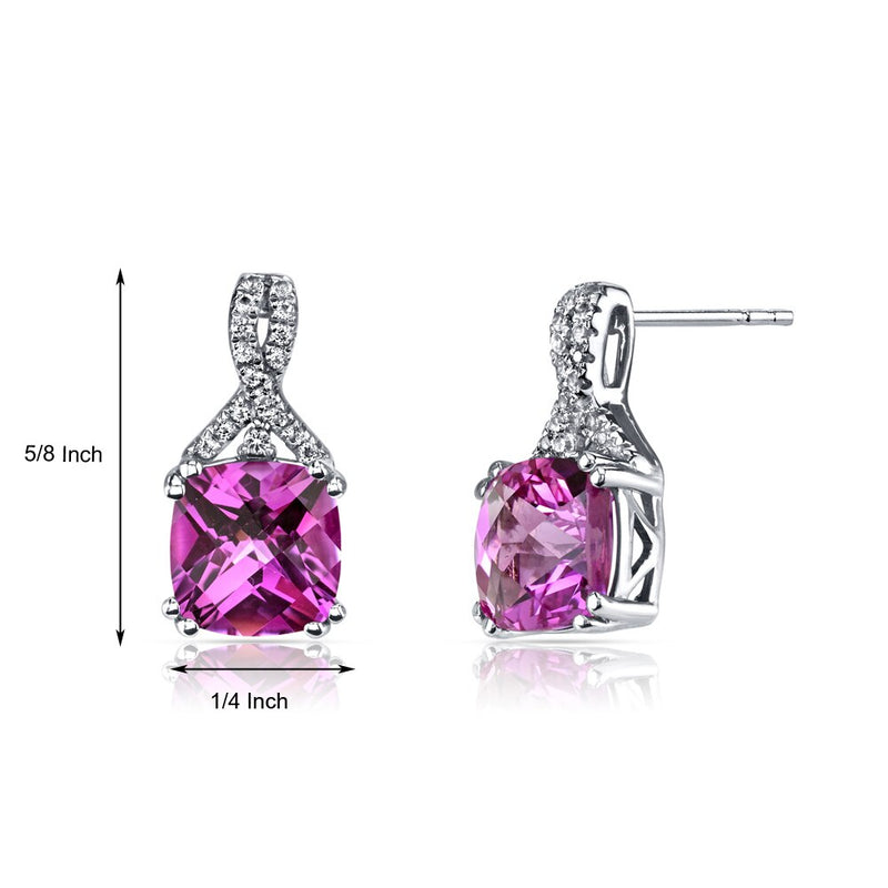 14K White Gold Created Pink Sapphire Earrings Ribbon Design Cushion Cut 6.00 Carats