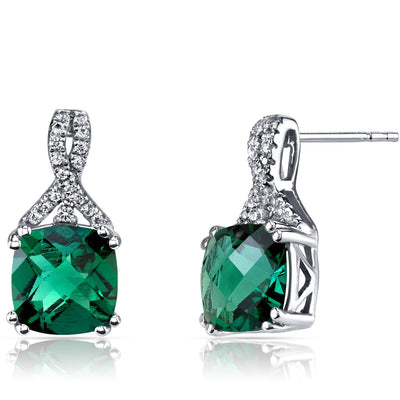 14K White Gold Created Emerald Earrings Ribbon Design Cushion Cut 3.50 Carats