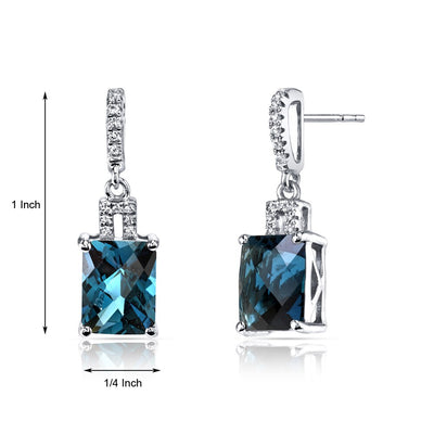 14K White Gold London Blue Topaz Earrings Radiant Checkerboard Cut 5.00 Carats