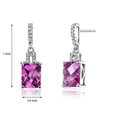 14K White Gold Created Pink Sapphire Earrings Radiant Checkerboard Cut 6.00 Carats