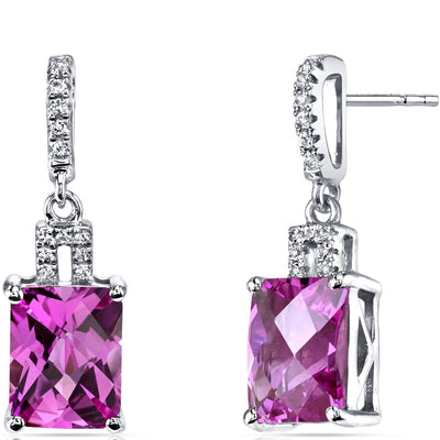 14K White Gold Created Pink Sapphire Earrings Radiant Checkerboard Cut 6.00 Carats
