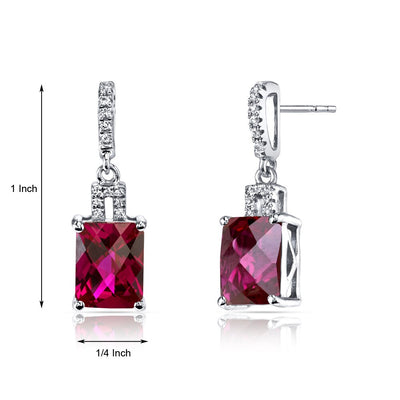 14K White Gold Created Ruby Earrings Radiant Checkerboard Cut 6.00 Carats