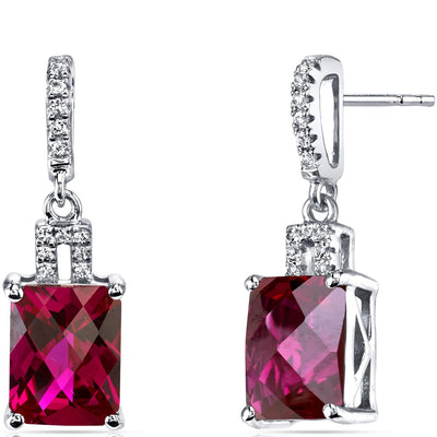 14K White Gold Created Ruby Earrings Radiant Checkerboard Cut 6.00 Carats