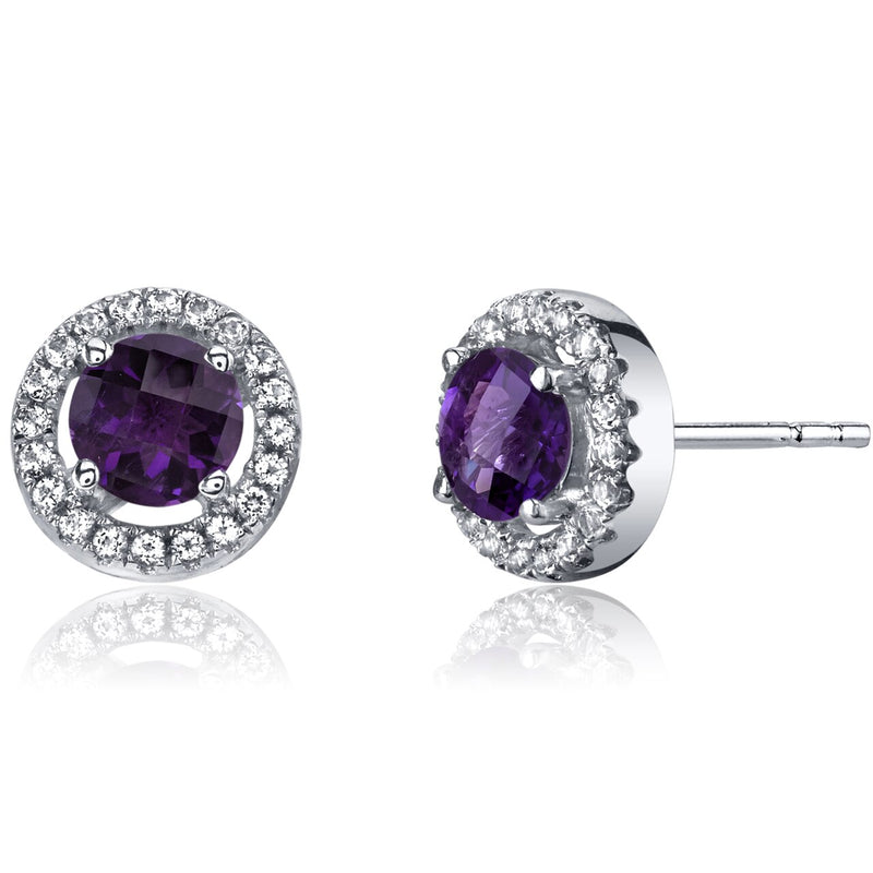 14K White Gold Amethyst Halo Earrings Round Checkerboard Cut 1.00 Carats