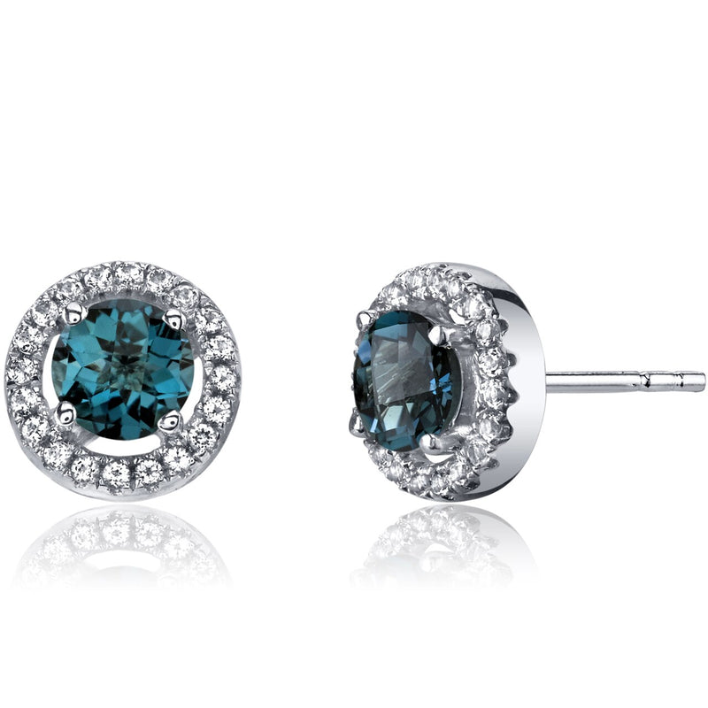 14K White Gold London Blue Topaz Halo Earrings Round Checkerboard Cut 1.00 Carats