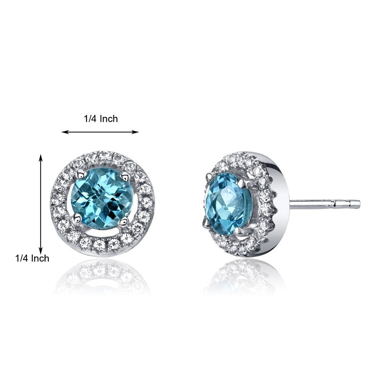 14K White Gold Swiss Blue Topaz Halo Earrings Round Checkerboard Cut 1.00 Carats