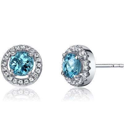 14K White Gold Swiss Blue Topaz Halo Earrings Round Checkerboard Cut 1.00 Carats