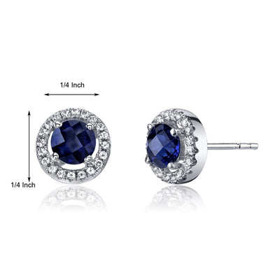 14K White Gold Created Blue Sapphire Halo Earrings Round 1.25 Carats