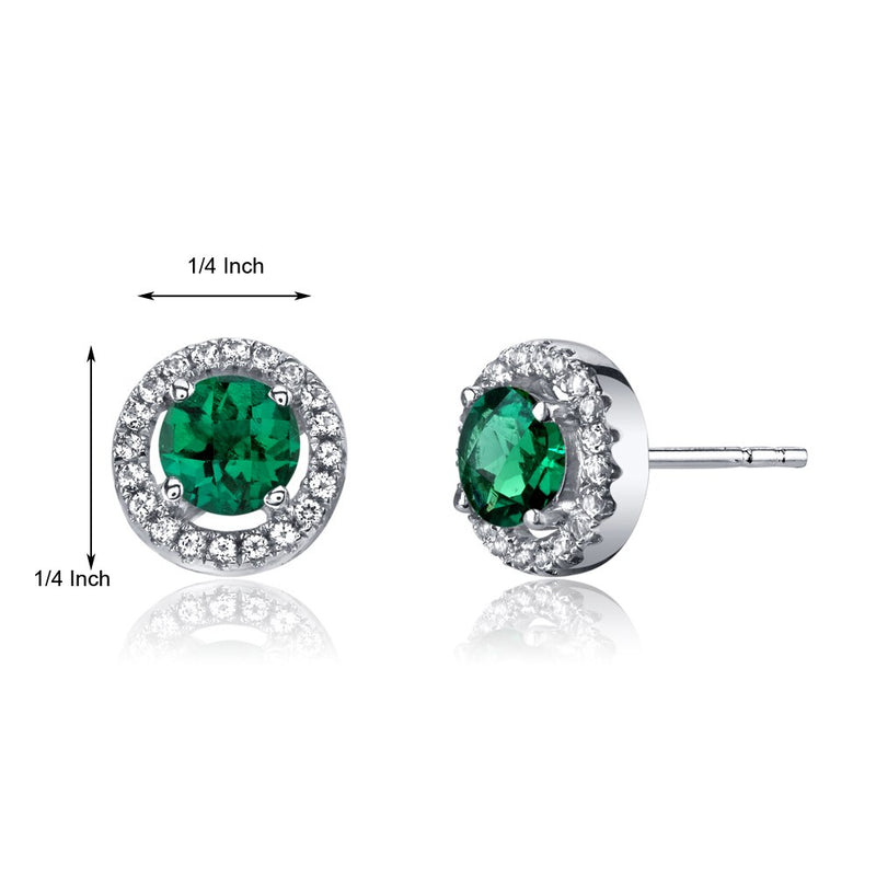 14K White Gold Created Emerald Halo Earrings Round Checkerboard Cut 1.00 Carats