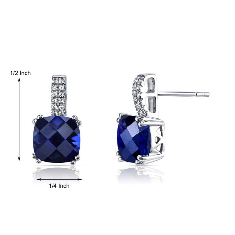 14K White Gold Created Blue Sapphire Earrings Cushion Checkerboard Cut 6.00 Carats