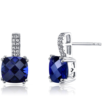 14K White Gold Created Blue Sapphire Earrings Cushion Checkerboard Cut 6.00 Carats