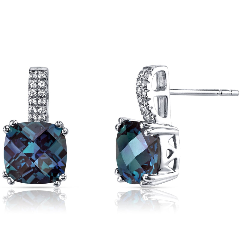 14K White Gold Created Alexandrite Earrings Cushion Checkerboard Cut 5.00 Carats