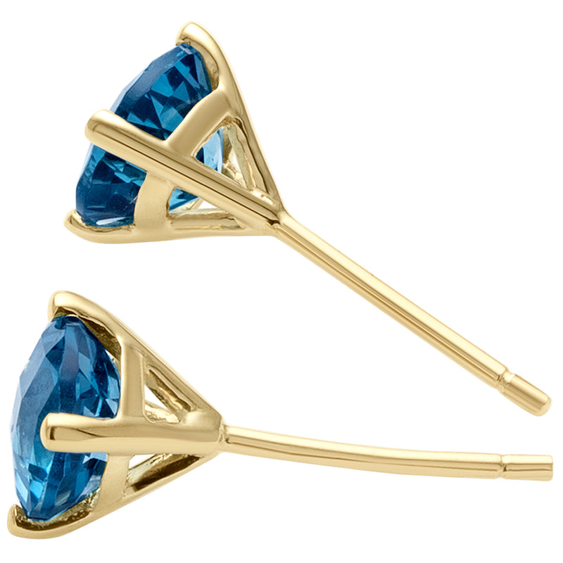 14K Yellow Gold Round Cut 2.00 Carats London Blue Topaz Stud Earrings