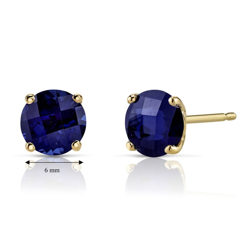 14K Yellow Gold Round Cut 2.25 Carats Created Blue Sapphire Stud Earrings