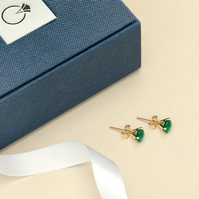 14K Yellow Gold Round Cut 1.50 Carats Created Emerald Stud Earrings