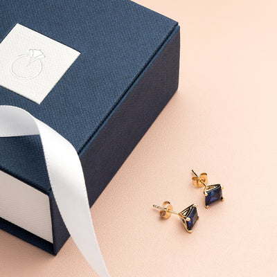 14K Yellow Gold Princess Cut 3.00 Carats Created Pink Sapphire Stud Earrings