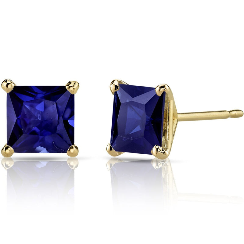 14K Yellow Gold Princess Cut 2.75 Carats Created Blue Sapphire Stud Earrings