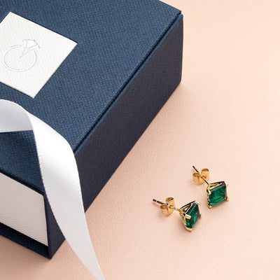 14K Yellow Gold Princess Cut 2.00 Carats Created Emerald Stud Earrings