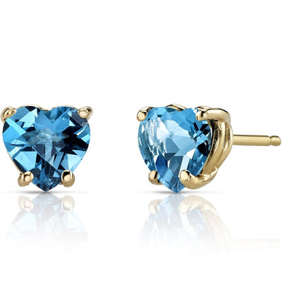 14K Yellow Gold Heart Shape 1.75 Carats Swiss Blue Topaz Stud Earrings