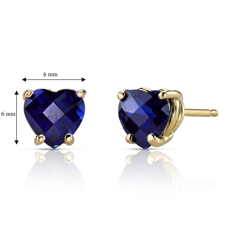 14K Yellow Gold Heart Shape 2.50 Carats Created Blue Sapphire Stud Earrings