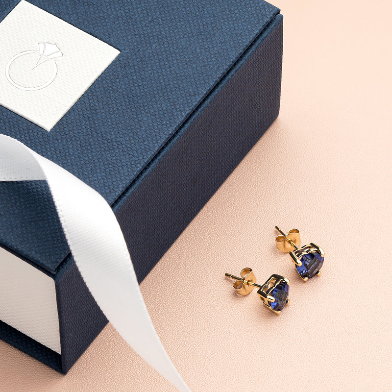 14K Yellow Gold Heart Shape 2.50 Carats Created Blue Sapphire Stud Earrings