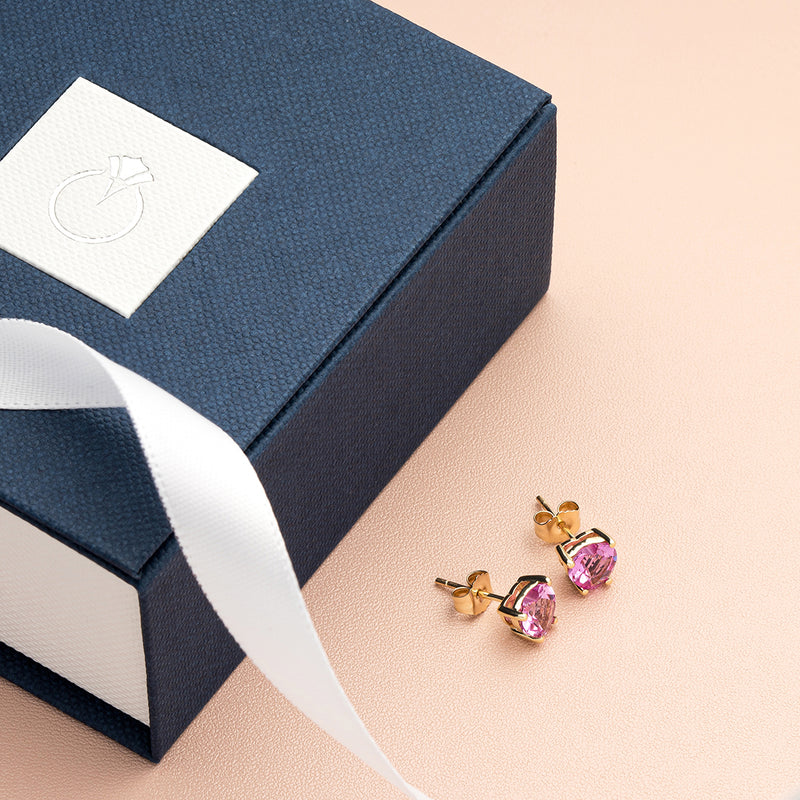 14K Yellow Gold Heart Shape 2.25 Carats Created Pink Sapphire Stud Earrings