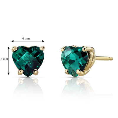14K Yellow Gold Heart Shape 1.50 Carats Created Emerald Stud Earrings