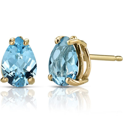 14K Yellow Gold Pear Shape 1.50 Carats Swiss Blue Topaz Stud Earrings
