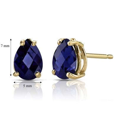 14K Yellow Gold Pear Shape 2.00 Carats Created Blue Sapphire Stud Earrings