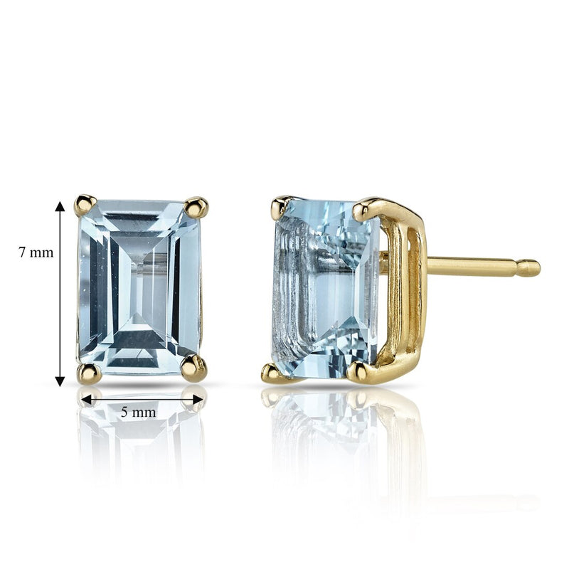 14K Yellow Gold Emerald Cut 1.75 Carats Aquamarine Stud Earrings