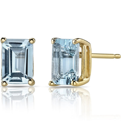 14K Yellow Gold Emerald Cut 1.75 Carats Aquamarine Stud Earrings