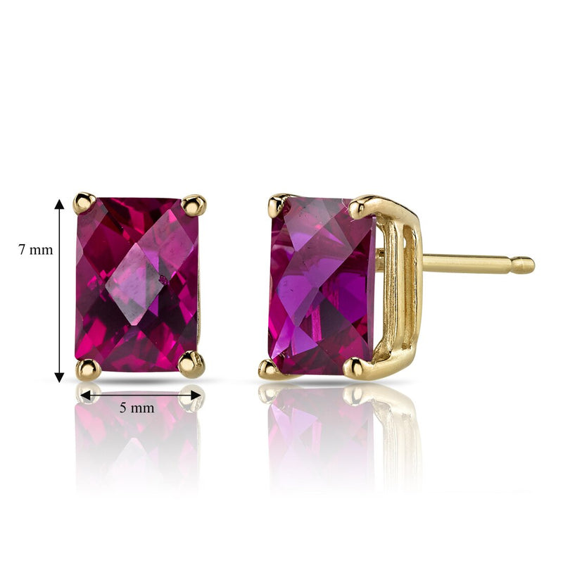 14K Yellow Gold Radiant Cut 2.50 Carats Created Ruby Stud Earrings