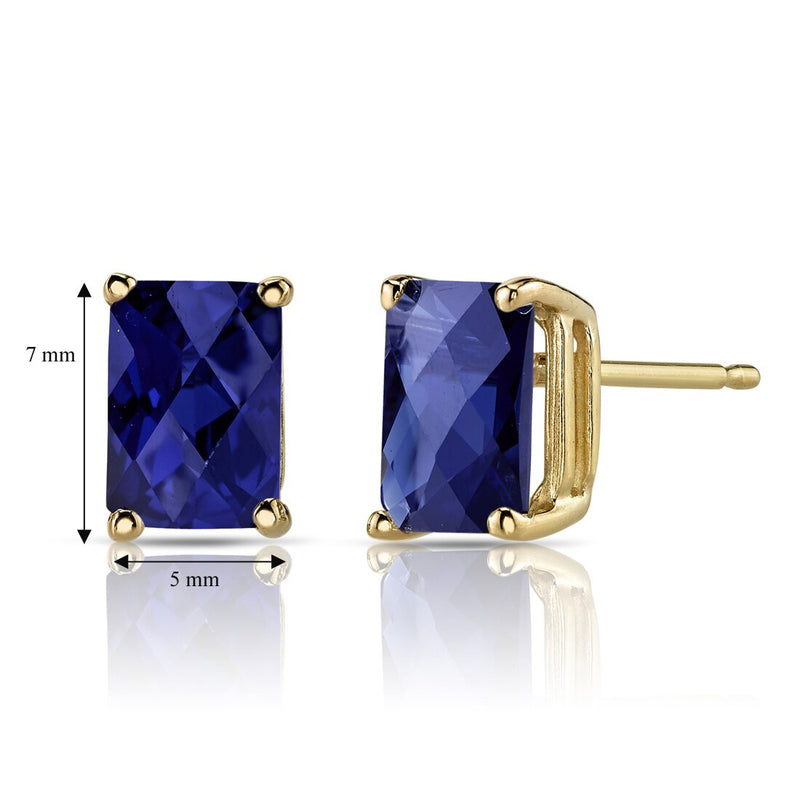 14K Yellow Gold Radiant Cut 2.50 Carats Created Blue Sapphire Stud Earrings
