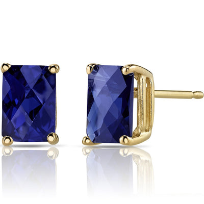 14K Yellow Gold Radiant Cut 2.50 Carats Created Blue Sapphire Stud Earrings
