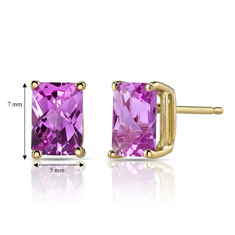14K Yellow Gold Radiant Cut 2.50 Carats Created Pink Sapphire Stud Earrings