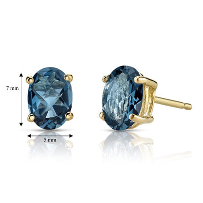 London Blue Topaz Stud Earrings 14K Yellow Gold Oval Shape 1.75 Carats