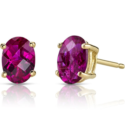 14K Yellow Gold Oval Shape 2.00 Carats Created Ruby Stud Earrings