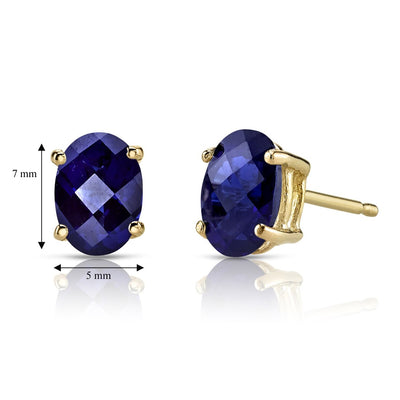 14K Yellow Gold Oval Shape 2.00 Carats Created Blue Sapphire Stud Earrings