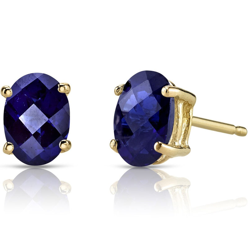 14K Yellow Gold Oval Shape 2.00 Carats Created Blue Sapphire Stud Earrings